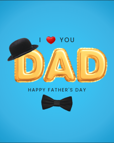 Father's Day card with adult and child hands holding, I Love Dad heart text, sparkle white background.